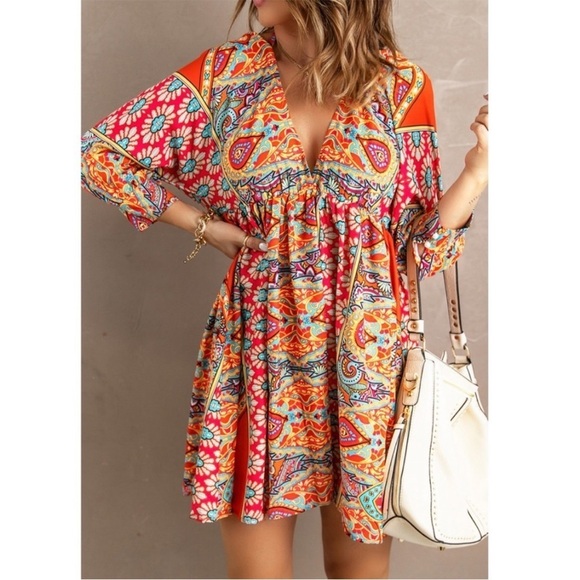 New Multicolour V Neck 3/4 Sleeve Bohemian Vintage Print Mini Dress - Picture 1 of 10